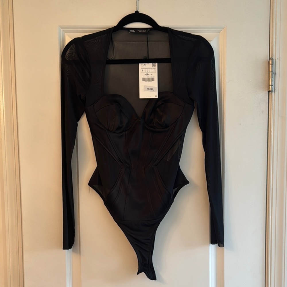 Zara Mesh Cutout Black Long Sleeve Bodysuit